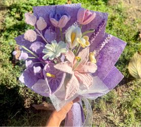 Crochet pink lily and lavenders bouquet