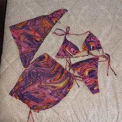 New 4 Piece!! Bikini Size LARGE  W/ Sarong And Skirt. See Photos. Cash Pickup Only 