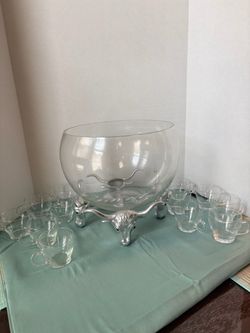Glass Punch Bowl Set with Longhorn Stand and Cups