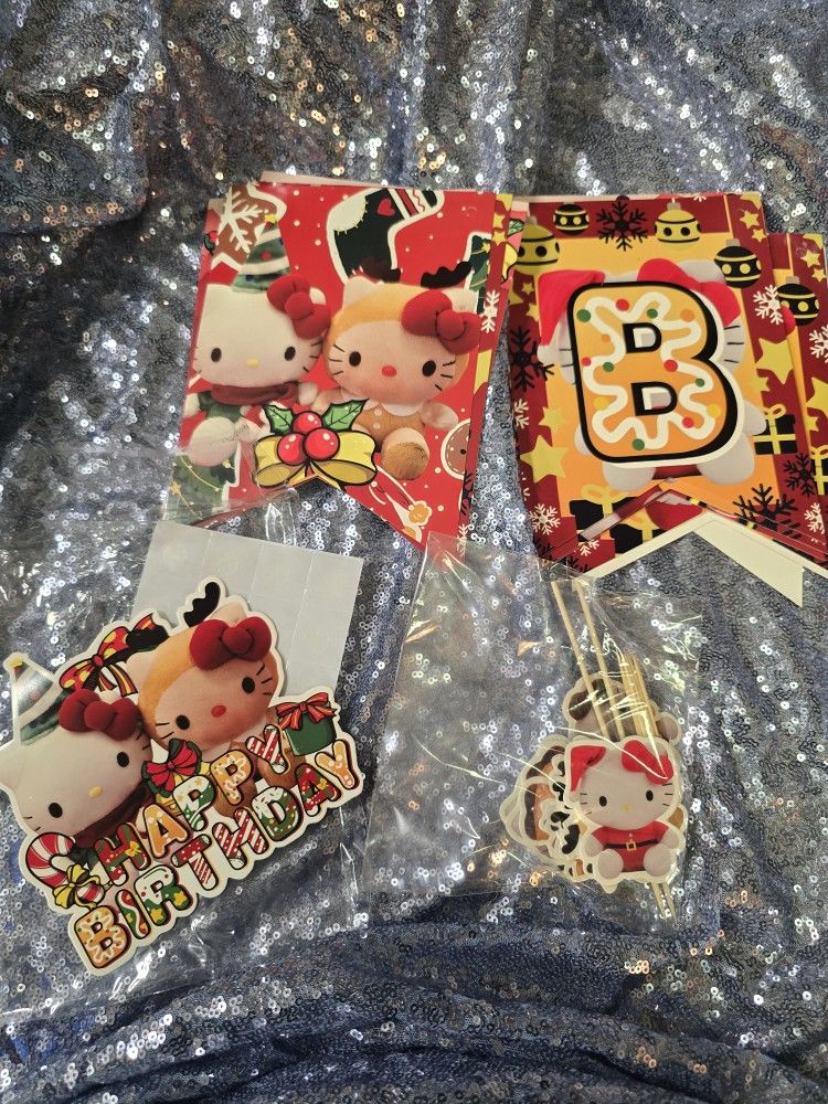 Hello Kitty Holiday Christmas Birthday Party  Cake Topper And Banner  Party Decor 