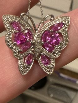 New Natural Pink Sapphire and Diamond Butterfly Necklace 18” 925 Chain
