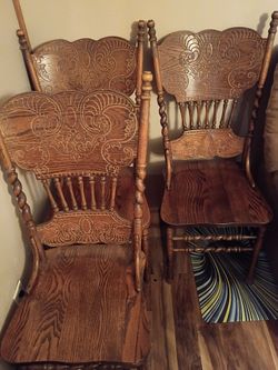 Antique Oak Press-Back Dining Chairs Set of 4