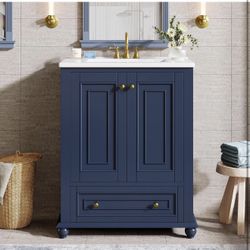 LD0084-YU 24" Bathroom Vanity with Ceramic Sink Combo, Freestanding Bathroom Storage Vanity Cabinet with 2 Doors & 1 Drawer, Solid Wooden Frame & Coat