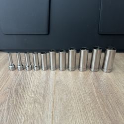 New Snap On 11 pc 3/8  6-Point SAE Flank Drive Deep Socket Set