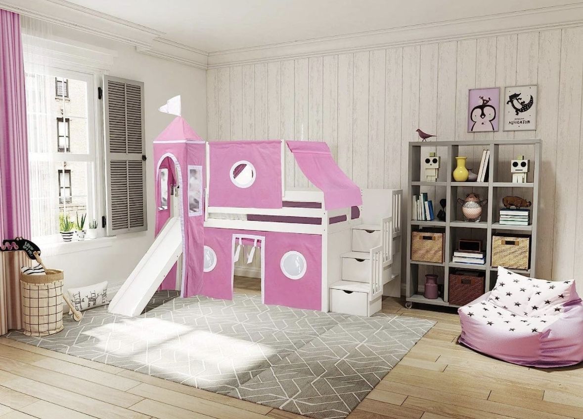 Princess Twin Low Loft Bed With Slide And Stairway Drawers!! 