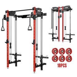 Mikolo Foldable Power Rack Cage,1000lbs Capacity Wall Mounted Squat Rack, Independent pulley system, Space Saving Home Gym Equipment