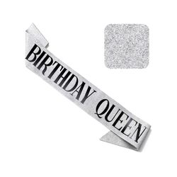 'Birthday Queen' Sash Glitter with Black Foil - Silver Glitter Happy Birthday Sash for Women