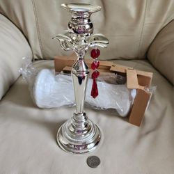 Elegant Royal Lited Pair Of 2 Candlesticks, Lacquered Silver-plated With Red Crystal Dangle Accents.