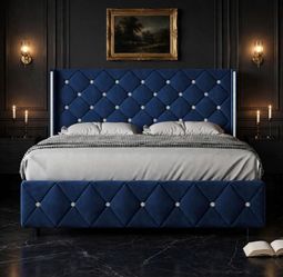 Queen Size Bed Frame, Upholstered Bed Frame with Diamond Tufted Headboard, Modern Silverside Wingback, No Box Spring Needed, Easy Assembly, Blue