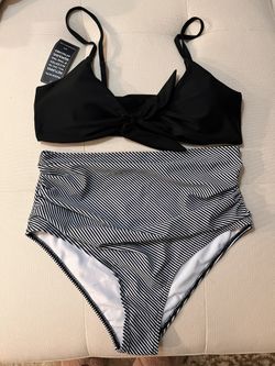 Black and Stripe High Waist Swimsuit Two piece