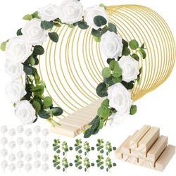 15 Pcs Metal Floral Centerpiece Table Decorations Hoop Centerpiece with Stand Gold Centerpieces for Table 15 Wooden Holders 30 Artificial Flowers 30 L