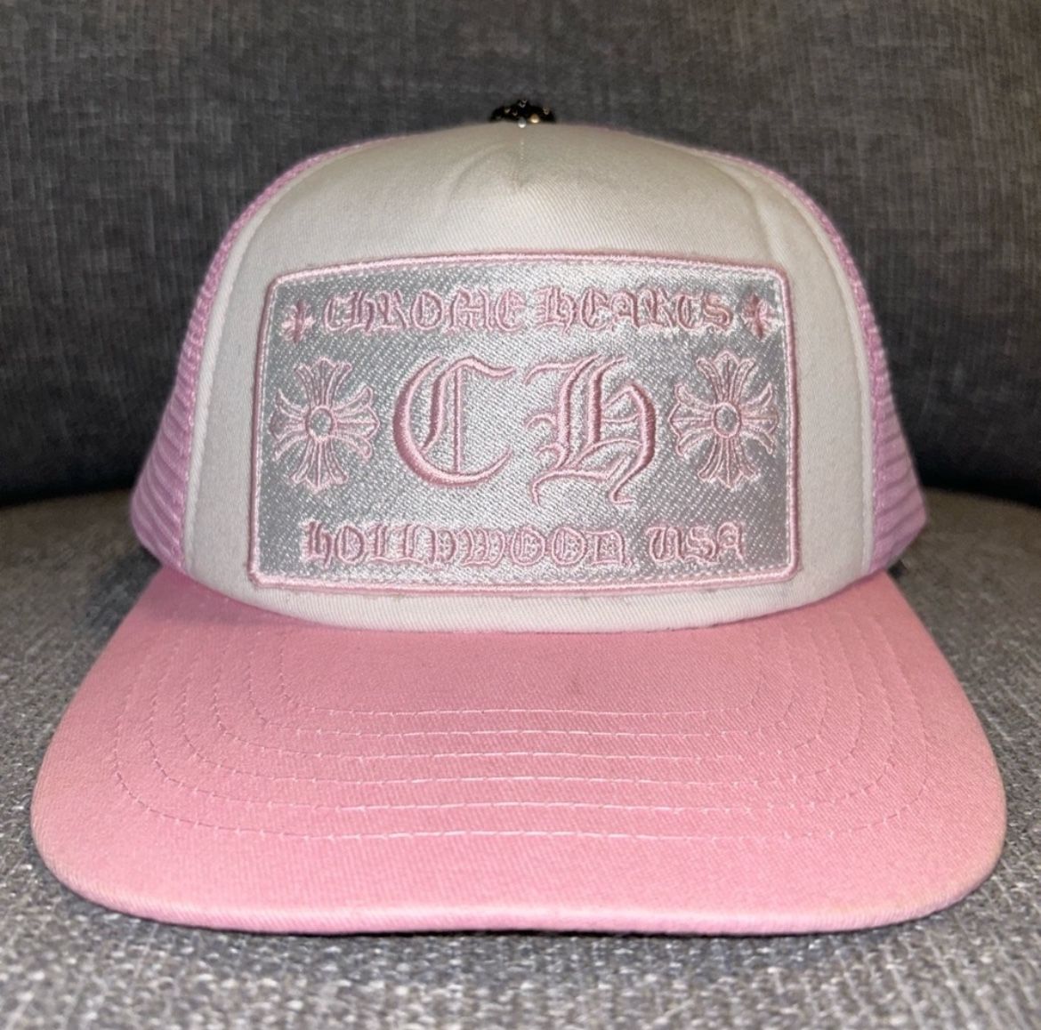 chrome hearts pink and white trucker hat