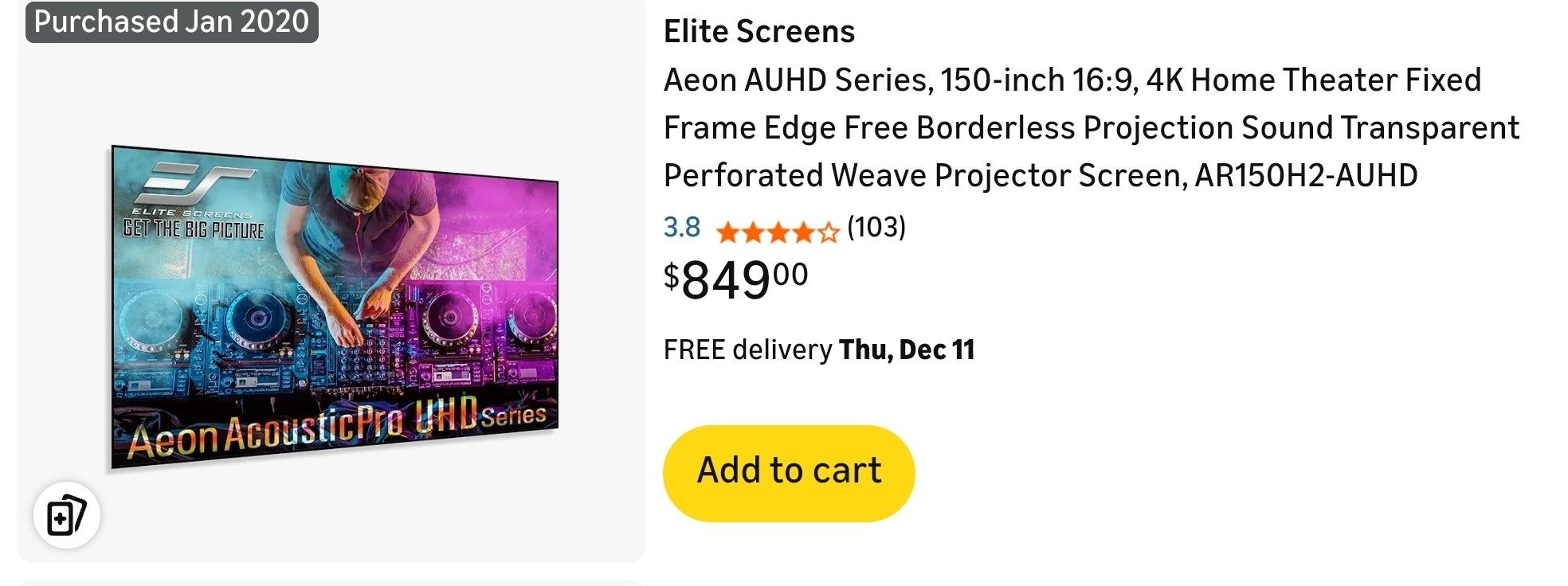 150" Elite Screens Aeon AUHD Series, 150-inch 16:9, 4K Home Theater projector screen.