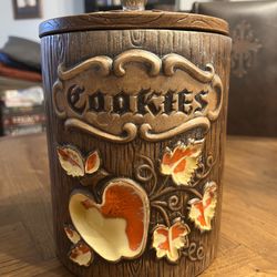 Vintage Ceramic Faux Wood and Apple Cookie Jar