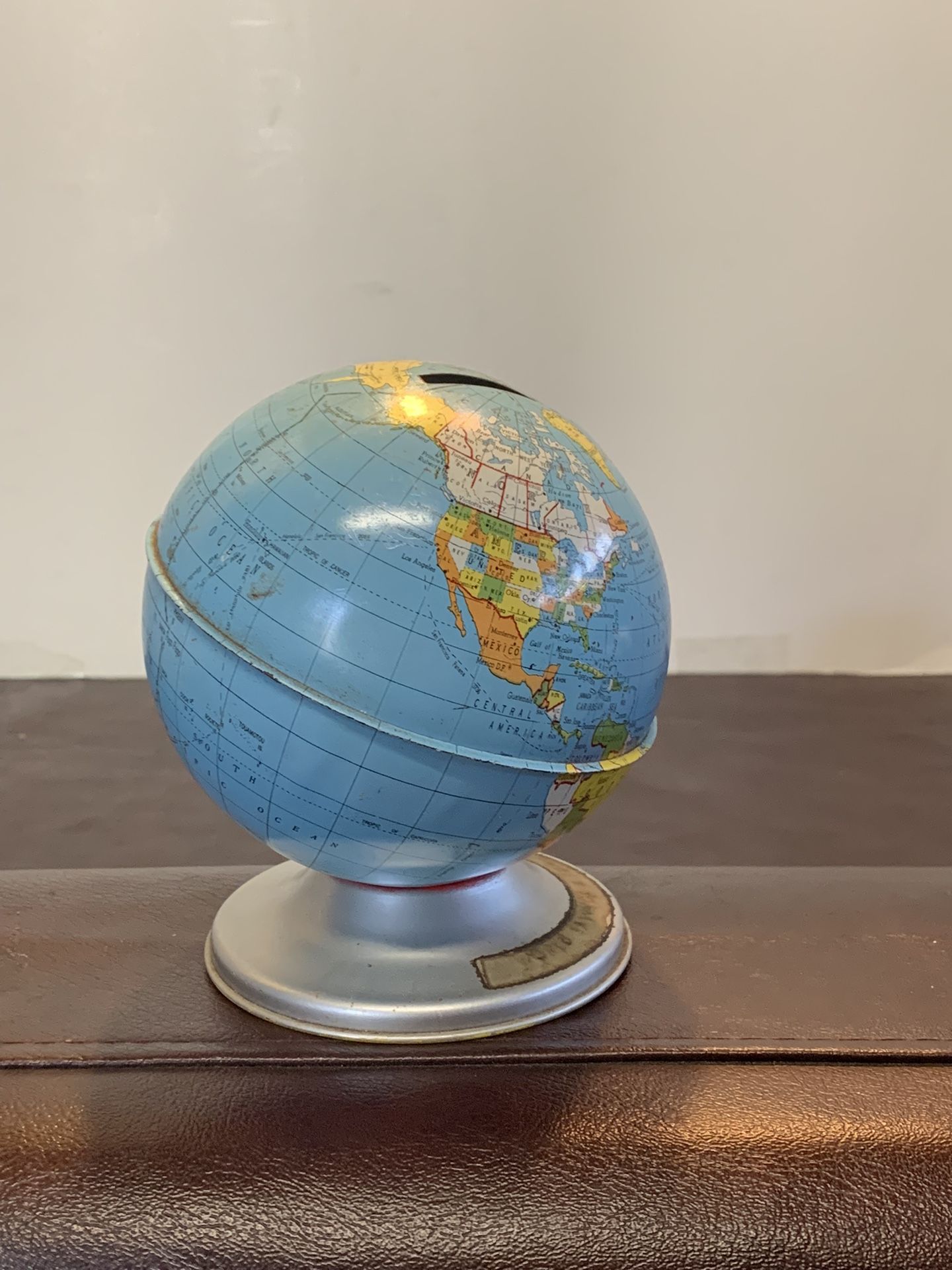 VTG Ohio Art Litho Tin Metal World Map Globe Bank