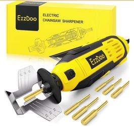 EzzDoo Electric Chainsaw Sharpener Kit With 6 Titanium-Coated Diamond Bits - Handheld Chain Saw Sharpener Tool For All Chains - No Removal Required, E