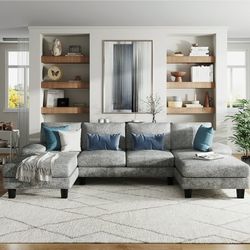 New Modern U-Shape Sectional Sofa, Chenille Fabric Modular Couch, 4 Seat Oversized Sofa with Chaise for Living Room, Gray New in box SF22-0051-4 50"D