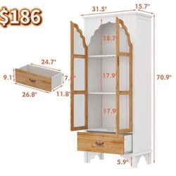 ✌️ FUFU&GAGA 15.7”Dx31.5”Wx70.9”H Tall Kitchen Pantry with Glass Doors, Vintage Storage Cabinet with 3 Shelves, Drawer, Buffet Cupboard