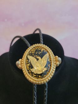 Vintage Golden Eagle Emblem Lucite Nugget Flakes BoloTie F10