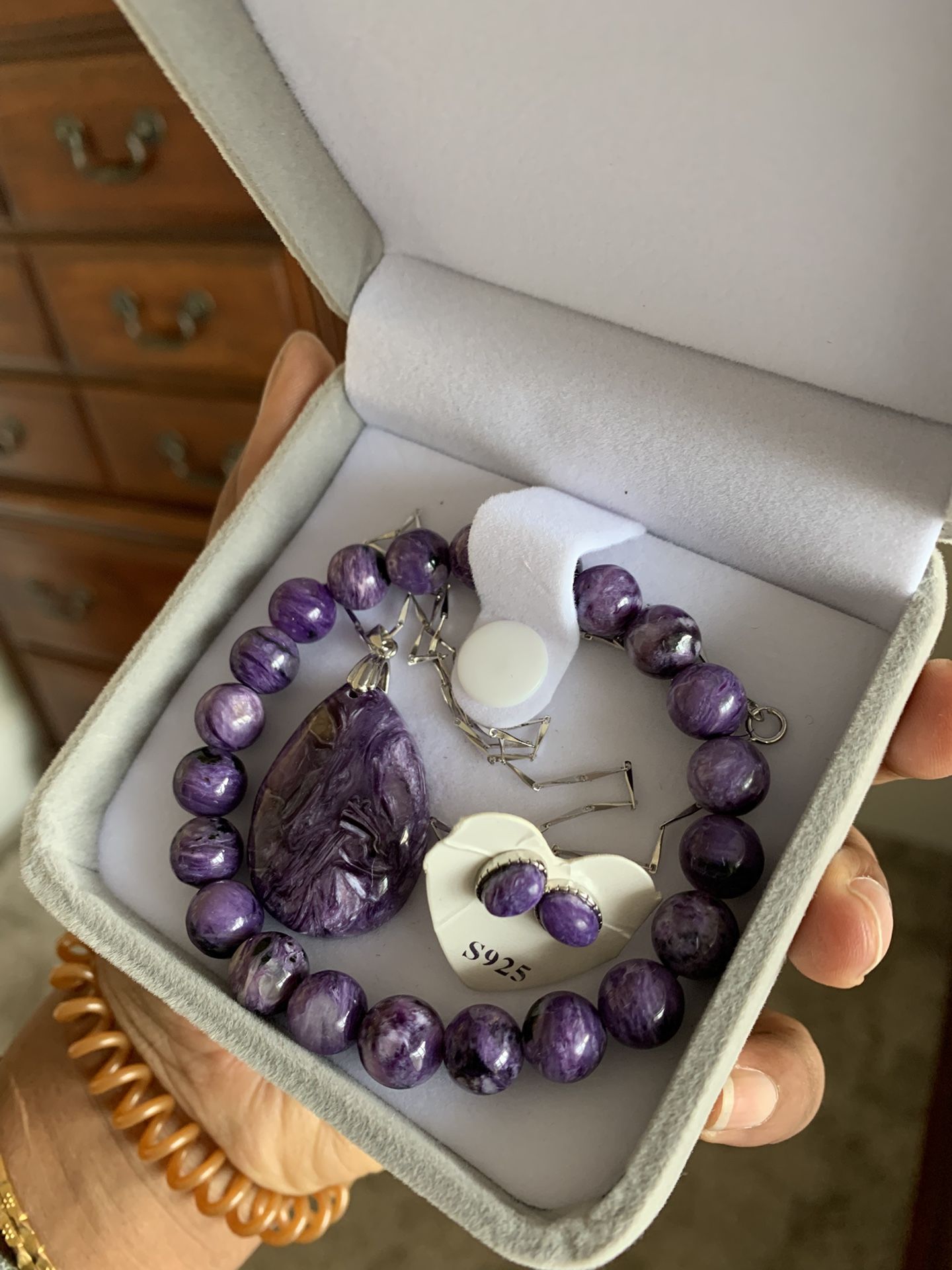 Good quality genuine charoite pendant bracelet earrings set in silver s925