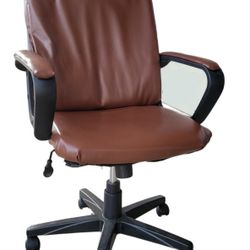 Brown Faux Leather Swivel Executive Office Chair. Recently Upholstered.