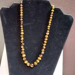 Tiger Eye Round Beaded Strand. Metal Barrel Shaped Clasp 18"
