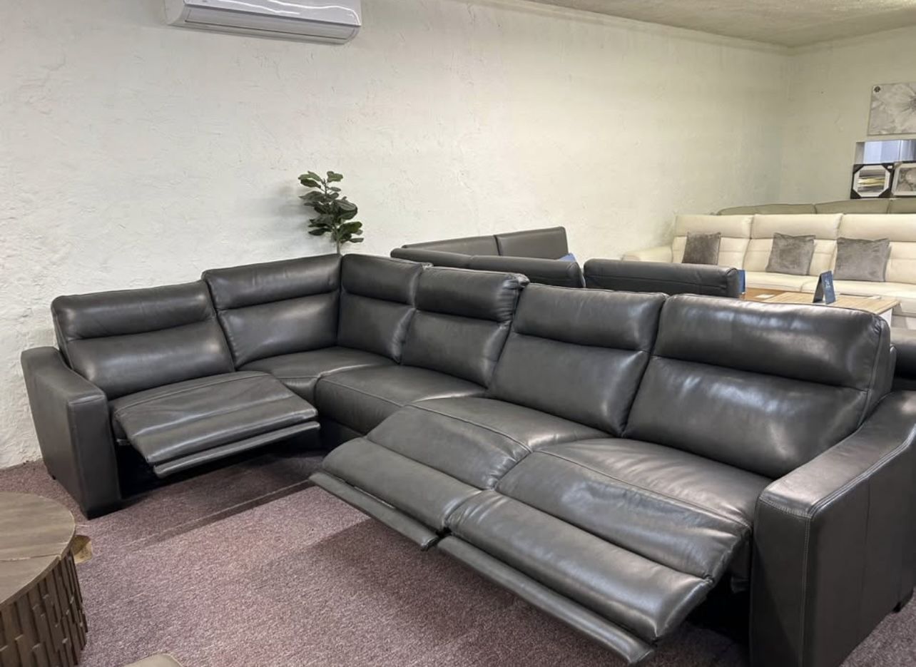Furniture- 100% real top grain leather sectional with 3 power recliners- Gabrine