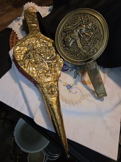 Vtg Embossed Brass Fireplace Bellows and Silent Butler Crumb Catcher