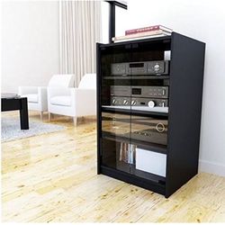 😀 BOWERY HILL Audio Video Media Stand with 4 Shelves, Modern AV Cabinet with Glass Doors, Storage for Entertainment Stereo Components