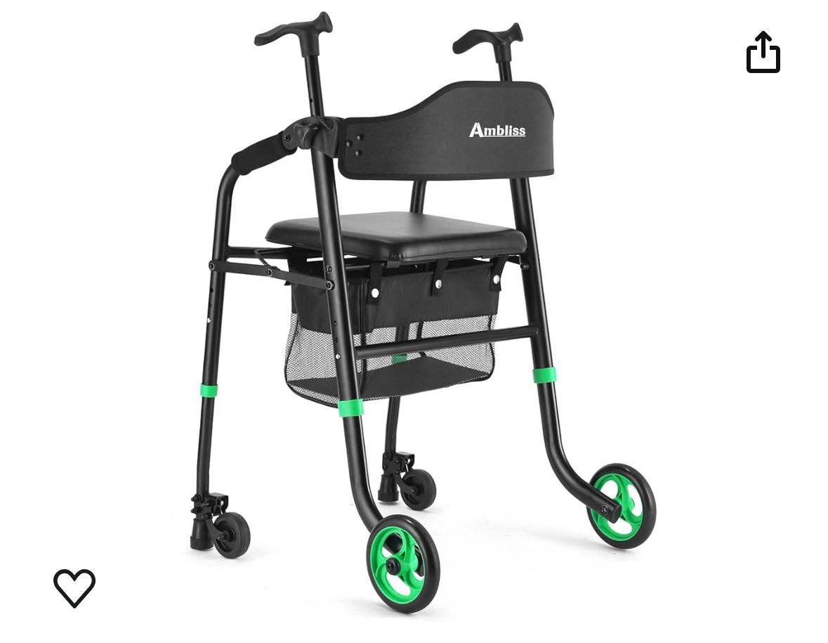 Ambliss Lightweight 2 Wheel Walker with Seat for Seniors, Foldable Front Wheeled Rollator Walker with Wheels Self Stretching Glide, Height Adjustable