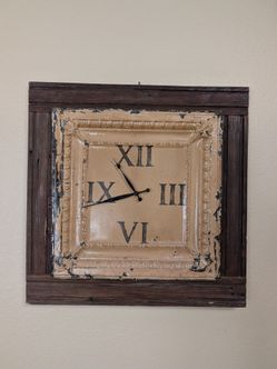 31” Rustic Pressed Tin Wall Clock – Framed Vintage Ceiling Tile Decor