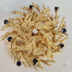 Vintage Karbra Wreath 14k Gold Brooch & Pendant Natural Diamond And Sapphire
