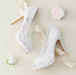 Women's Lace Stiletto Heel Peep Toe Platform Sandals | Wedding | White, 35