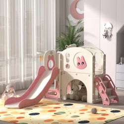Slide And Climber Play, 8-in-1 Toddler Set, Kids Slide Playground With Stairs, Tunnel, Telescope, Storage, Basketball Hoop And Ball For Kids, NEW