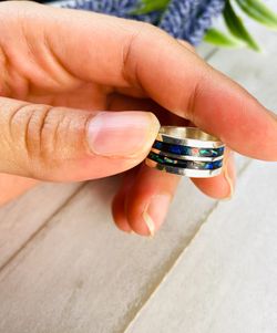 New 9MM 2 Lines Australian Opal Band Ring With Resin Silver .925