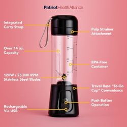 PATRIOT HEALTH ALLIANCE Patriot Power Blender, Portable, Cord-Free USB Rechargeable Mini Blender, Make Smoothies, Protein Shakes, Slushies for Kids & 