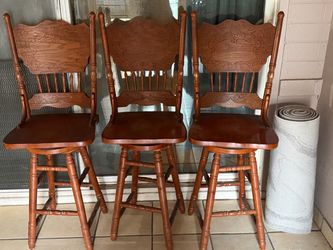 Set of 3 Carved Wood Swivel Bar Stools