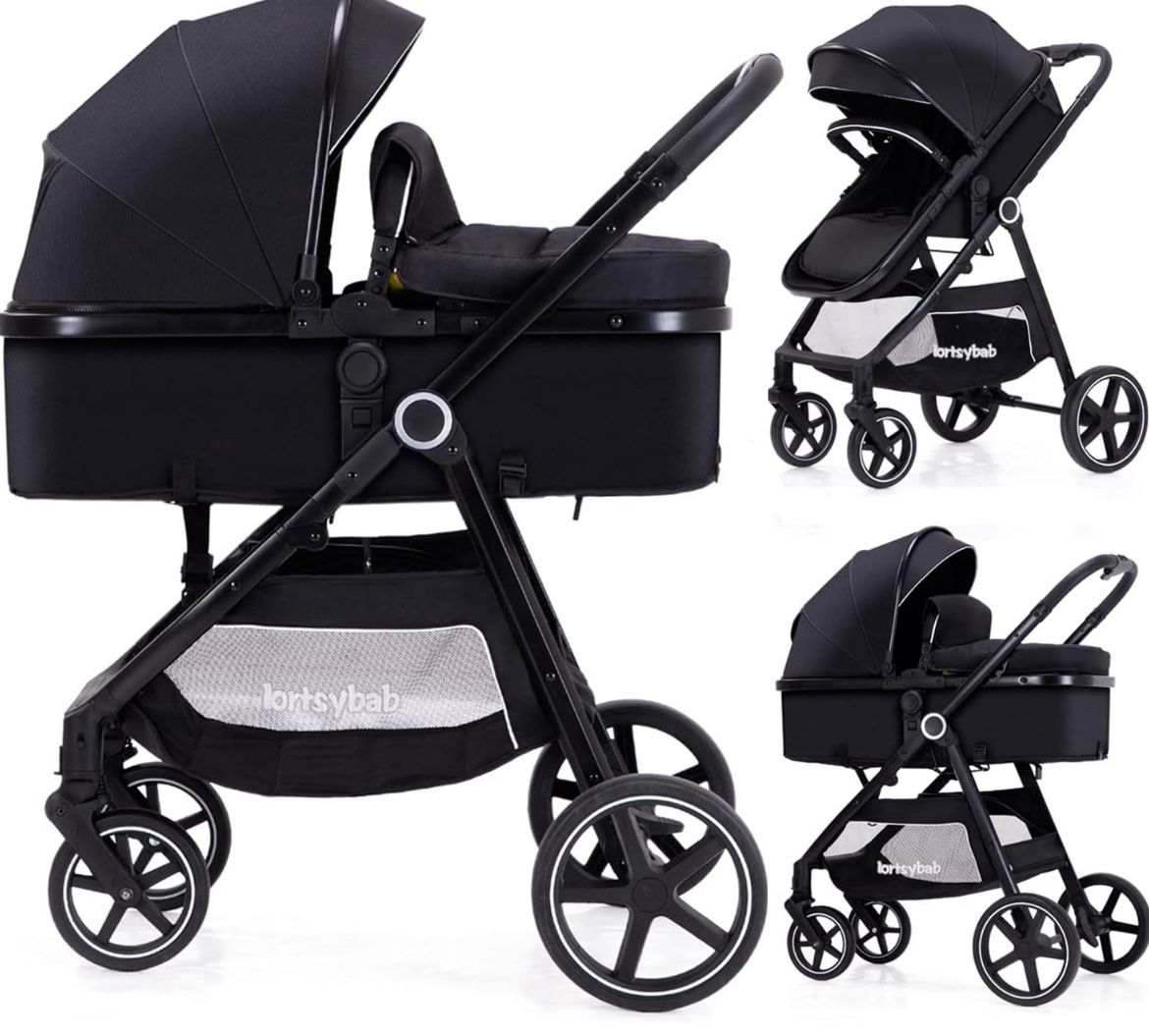 2-in-1 Baby Stroller with Bassinet Mode - Folding Infant Newborn Pram Stroller with Reversible Seat - Toddler Strollers for 0-36 Months Old Babies