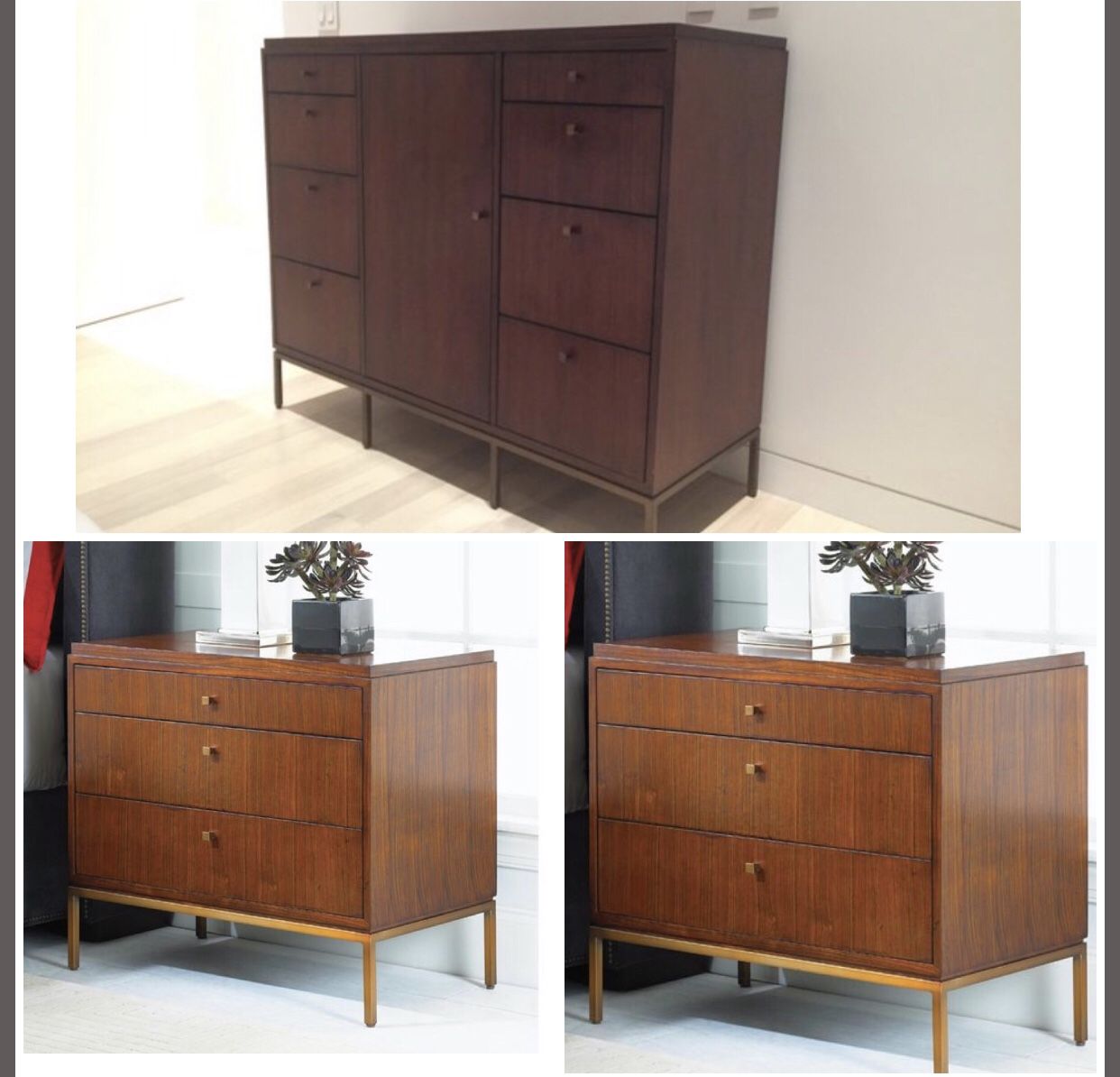 Mitchell gold & Bob Williams Van Dyke dresser and nightstand mid century modern solid wood long dresser with two nightstands. Bedroom furniture cherr