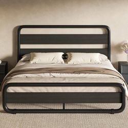 Queen Size Metal Bed Frame with Wooden Headboard and Footboard, Heavy Duty Oval-