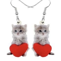 Acrylic Valentine's Day Red Heart Long Hair Cat Earrings Drop Dangle