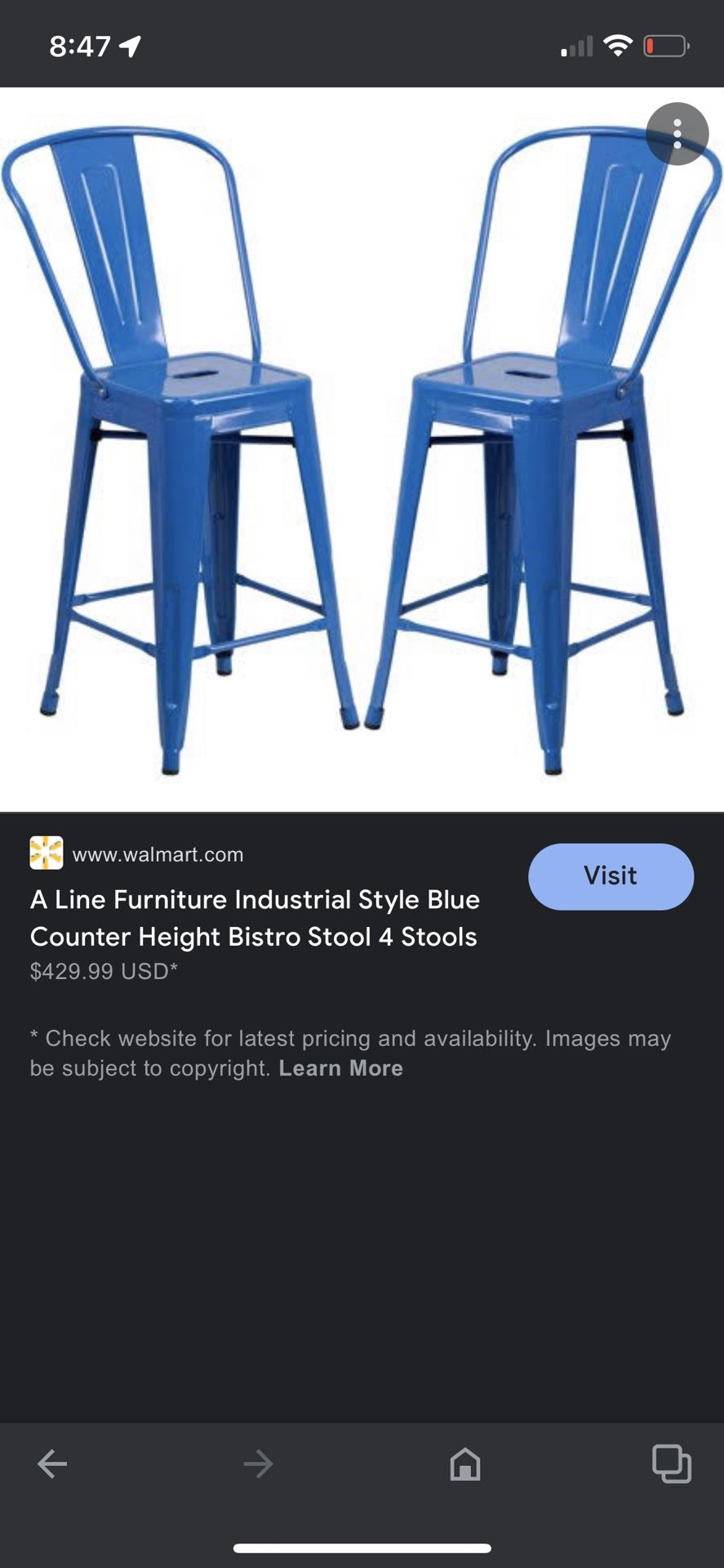 Industrial Style Blue Counter Height Bistro Stools (2) 