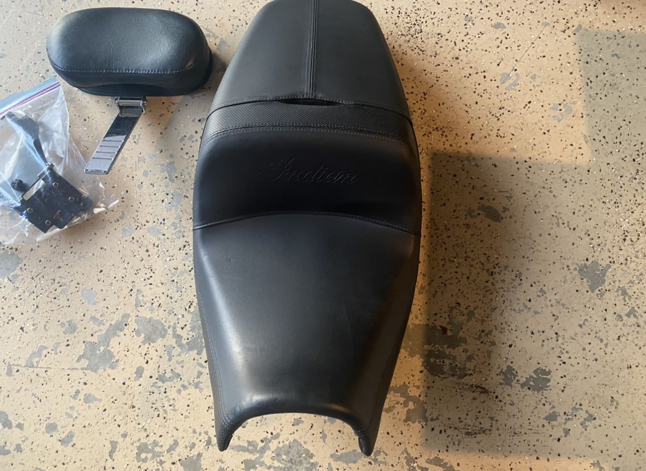 Indian Challenger stock seat and rider backrest. Includes mounting hardware for backrest. 