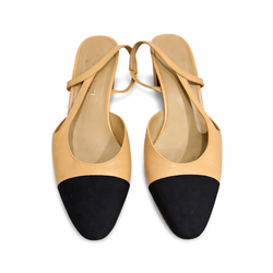 CHANEL Goatskin Grosgrain Cap Toe CC Slingback Pumps 39.5 Beige Black