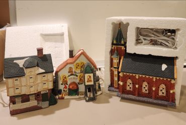 Set of 3 vintage hand-painted porcelain Christmas village buildings