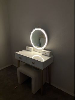 White vanity with LED mirror