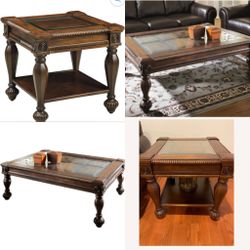 Solid Wood Set Of Coffee Table & Side Table With Glass Top