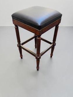 Traditional Wood & Black Leather Bar Stool – Brass Nailhead Trim – 31"-#1145