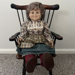 Vintage "Grannyworld" 22” doll - Irish grandmother. Includes distressed wood doll chair.