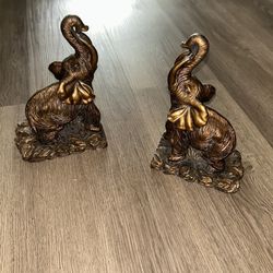 Bronze Ceramic Detailed Elephant Trunk Up Book End Heavy Figurine Set Of 2